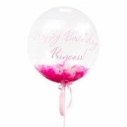 Прозрачный шар Bubble с надписью "Happy Birthday Princess" и розовыми перьями 654